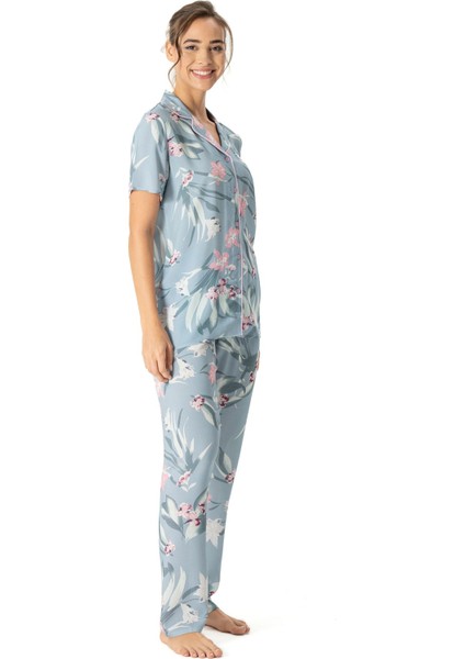 17047 Kadın Kısa Kollu Önden Düğmeli Pijama Takım-Mint fiyatları