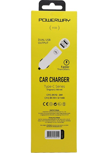 Powerway X133 3.1 Amper Type-C Araç Çakmaklık Şarj Aleti Oto Çakmaklık Hızlı Şarj Cihazı
