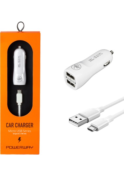 Powerway X233 3.1 Amper Samsung Araç Çakmaklık Şarj Aleti Oto Çakmaklık Hızlı Şarj Micro Uçlu 2 Usbli