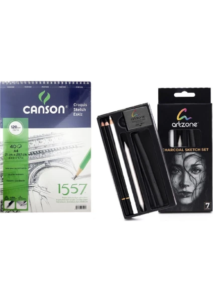 Cansona5 40YP120GRESKIZRESIMDEFTERI+  Artzone Charcoal Sketchset Kömür Eskiz Set..