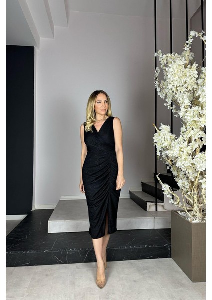 G0909 Drape Detaylı Simli Abiye Elbise Siyah