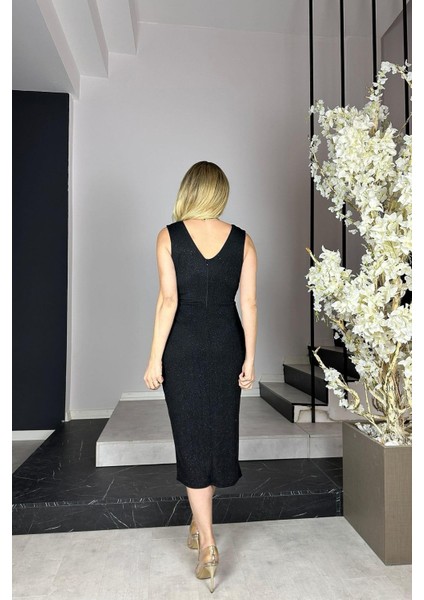 G0909 Drape Detaylı Simli Abiye Elbise Siyah