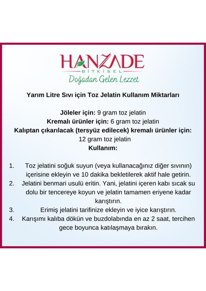 Hanzade Bitkisel Toz Jelatin 250 gr %100 Saf Sığır Jelatini 240 Bloom