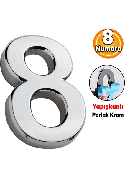 Kapı Numarası Yapışkanlı Parlak Krom Numaraları 37.5 mm 8 Numara Rakam Sayı