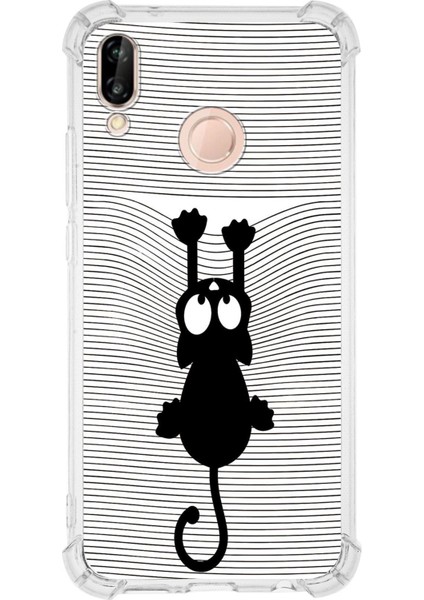 Huawei P20 Lite Köşe Korumalı Antişok Kapak Çizgi Kedi (Beyaz) Tasarımlı Şeffaf Kılıf