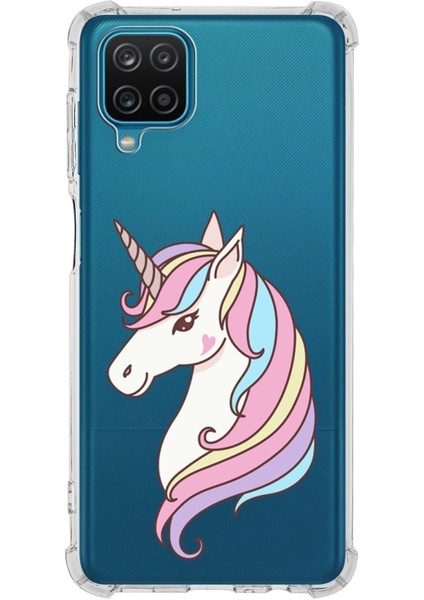Samsung Galaxy M12 Uyumlu Köşe Korumalı Antişok Kapak Unicorn Tasarımlı Şeffaf Silikon Kılıf