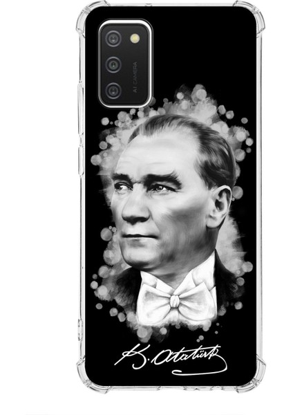 Samsung Galaxy A02S Uyumlu Köşe Korumalı Antişok Kapak Atatürk Tasarımlı Şeffaf Silikon Kılıf
