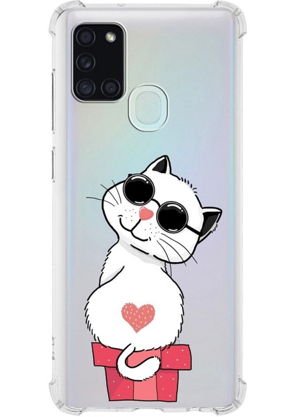 Samsung Galaxy A21S Uyumlu Köşe Korumalı Antişok Kapak Cool Cat Tasarımlı Şeffaf Silikon Kılıf