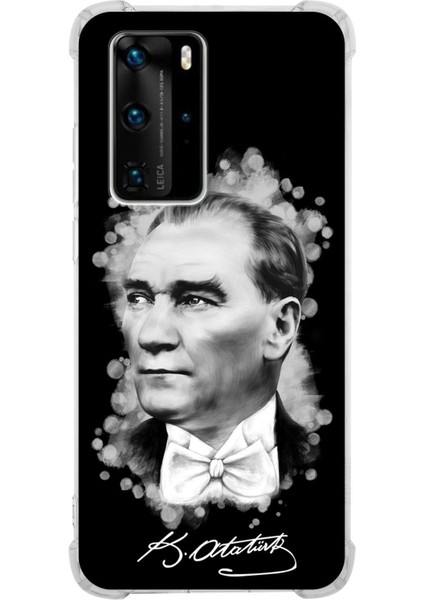 Huawei P40 Pro Uyumlu Köşe Korumalı Antişok Kapak Atatürk Tasarımlı Şeffaf Silikon Kılıf