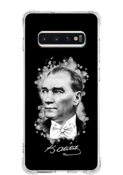 Samsung Galaxy S10 Plus Uyumlu Köşe Korumalı Antişok Kapak Atatürk Tasarımlı Şeffaf Silikon Kılıf