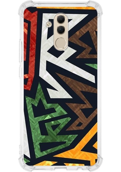 Huawei Mate 20 Lite Köşe Korumalı Antişok Kapak Soyut Grafiti Tasarımlı Şeffaf Kılıf