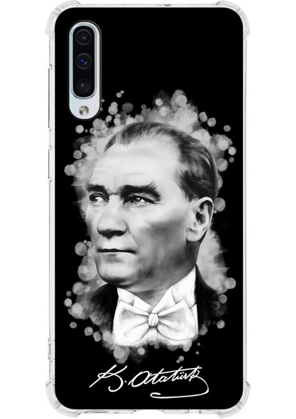 Samsung Galaxy A50 Uyumlu Köşe Korumalı Antişok Kapak Atatürk Tasarımlı Şeffaf Silikon Kılıf