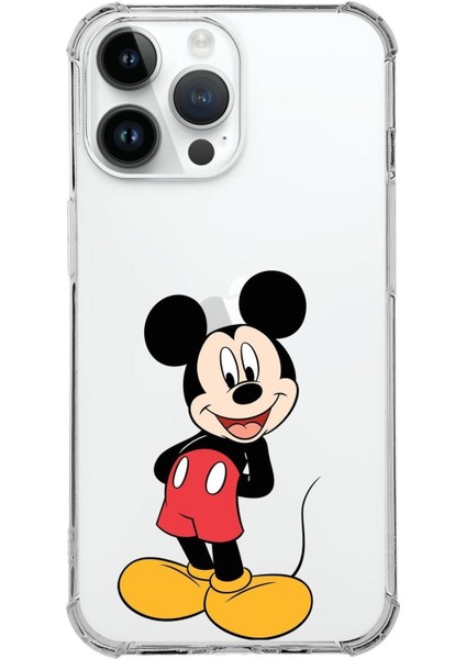 Apple iPhone 14 Pro Max Uyumlu Köşe Korumalı Antişok Kapak Mickey Mouse Tasarımlı Şeffaf Kılıf