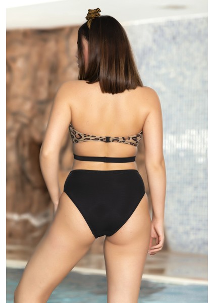 Kadın Siyah Leopar Desenli Boyundan Bağlamalı Sırt Dekolteli Astarlı Yüzücü Mayokini HZL24S-AR1851 fiyatları