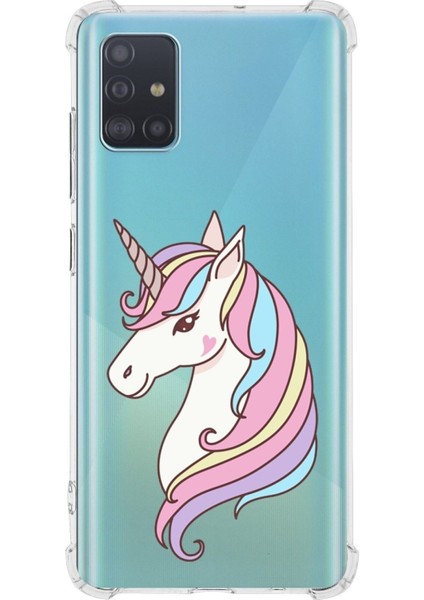Samsung Galaxy A51 Uyumlu Köşe Korumalı Antişok Kapak Unicorn Tasarımlı Şeffaf Silikon Kılıf