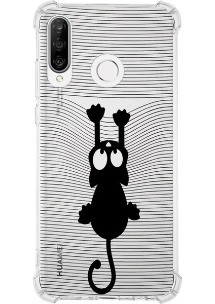 Huawei P30 Lite Köşe Korumalı Antişok Kapak Çizgi Kedi (Siyah) Tasarımlı Şeffaf Kılıf