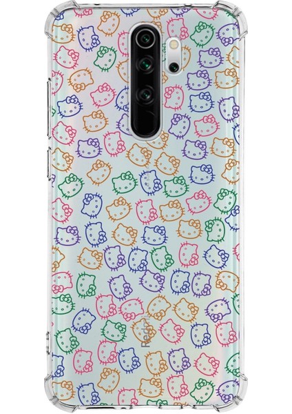 Xiaomi Redmi Note 8 Pro Köşe Korumalı Antişok Kapak Hello Kitty Tasarımlı Şeffaf Silikon Kılıf