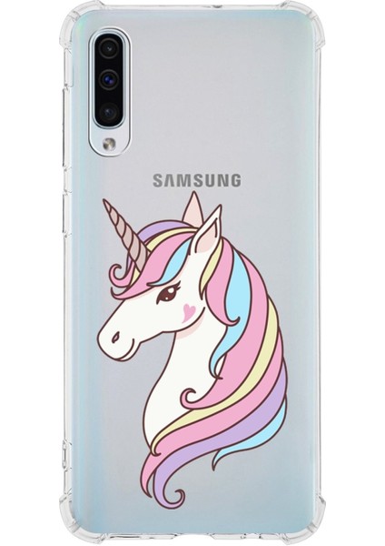 Samsung Galaxy A50 Uyumlu Köşe Korumalı Antişok Kapak Unicorn Tasarımlı Şeffaf Silikon Kılıf