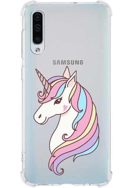 Samsung Galaxy A30S Uyumlu Köşe Korumalı Antişok Kapak Unicorn Tasarımlı Şeffaf Silikon Kılıf