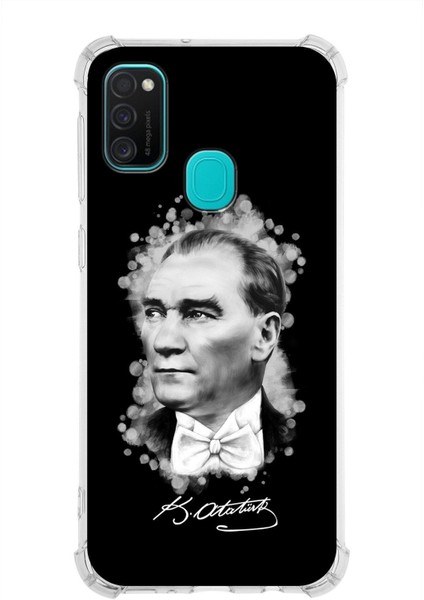 Galaxy M21 Uyumlu Köşe Korumalı Antişok Kapak Atatürk Tasarımlı Şeffaf Silikon Kılıf
