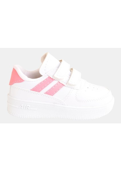 Günlük Unisex Çocuk Şeritli Beyaz Sneaker Cırtlı Hafif Rahat Spor Ayakkabı