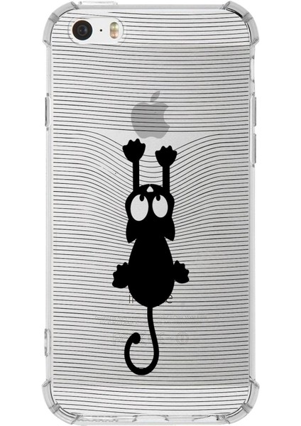 Apple iPhone 5se Uyumlu Köşe Korumalı Antişok Kapak Çizgi Kedi Tasarımlı Şeffaf Silikon Kılıf