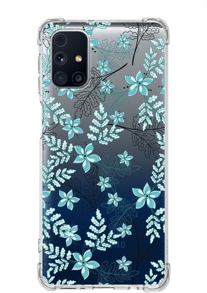 Samsung Galaxy M31S Köşe Korumalı Antişok Kapak Floral Su Yeşili Tasarımlı Şeffaf Kılıf
