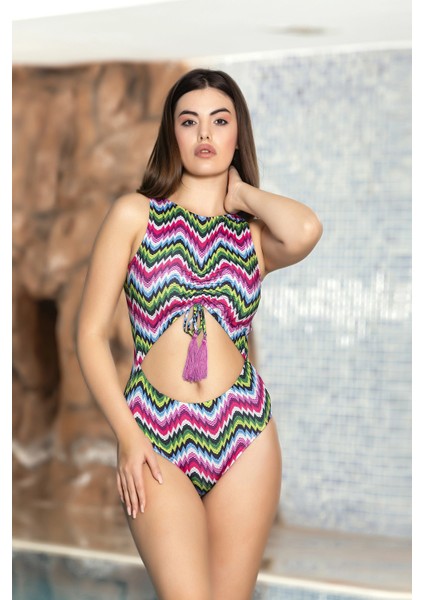 Kadın Pembe Sırt Dekolteli Püskül Ip Detaylı Astarlı Yüzücü Mayokini HZL24S-AR1837