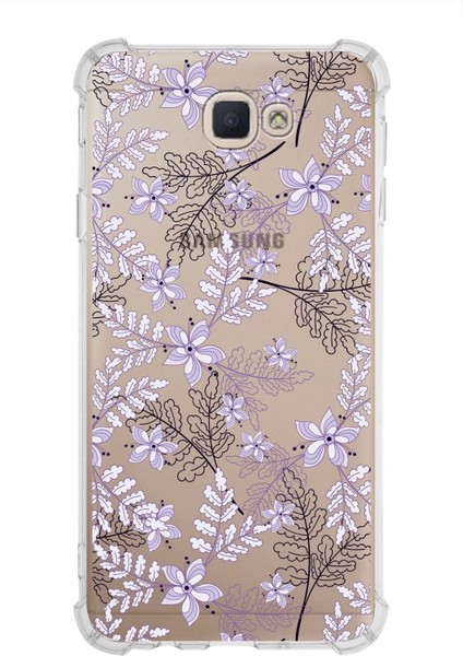 Samsung Galaxy J7 Prime 2 Köşe Korumalı Antişok Kapak Floral Lila Tasarımlı Şeffaf Kılıf