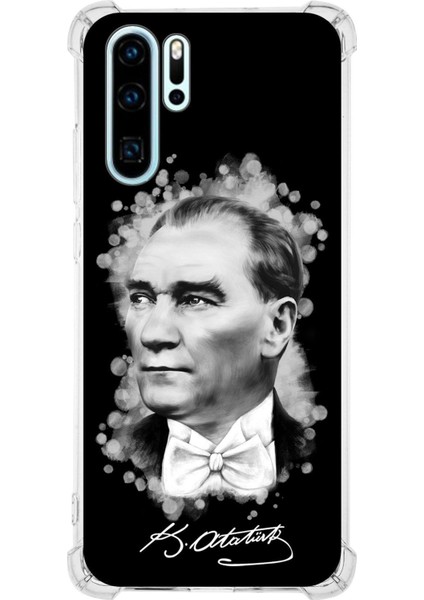 Huawei P30 Pro Uyumlu Köşe Korumalı Antişok Kapak Atatürk Tasarımlı Şeffaf Silikon Kılıf