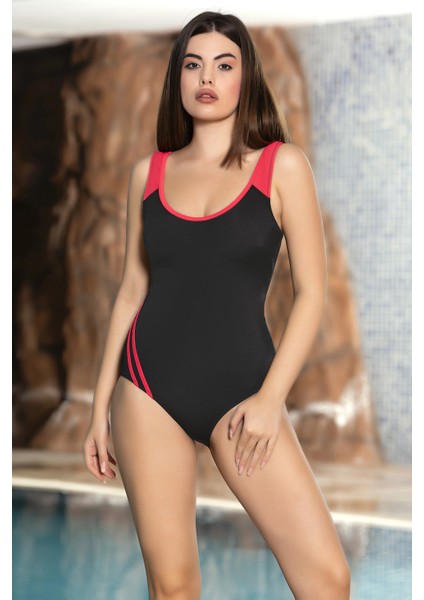 Kadın Siyah Neon Pembe Detaylı Göğüs Askılı Astarlı Yüzücü Mayo HZL24S-AR1857