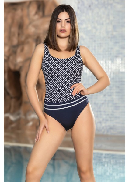 Kadın Lacivert Ip Detaylı Beyaz Desenli Astarlı Yüzücü Mayo HZL24S-AR1878