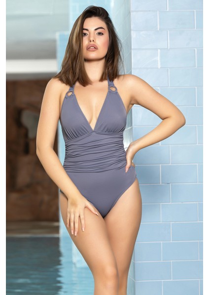 Kadın Gri Halka Detaylı Büzgülü Boyundan Bağlamalı Astarlı Yüzü Mayo HZL24S-AR1825