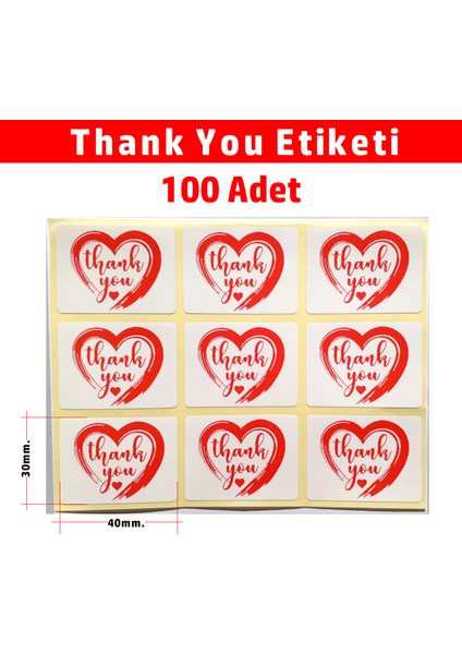 Kalp Desenli Teşekkür Etiketi - Thank You Sticker Yapışkanlı Kırmızı 30X40MM 100 Adet