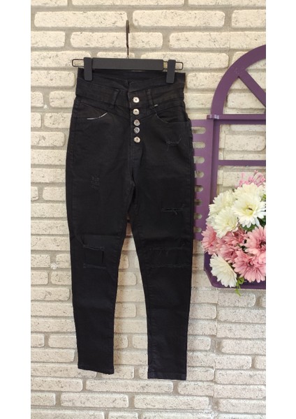 Yüksek Bel Düğme ve Yırtık Detaylı Kot Pantolon Jean 92CM