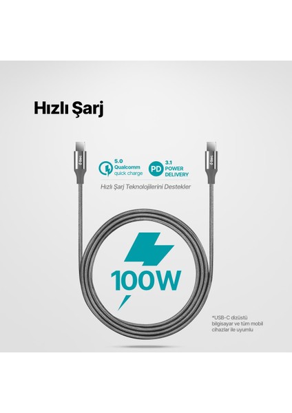 Super Şarj Örgü Tasarım 1.5mt 100W Type C Şarj Kablosu Samsung Huawei Macbook Tablet Şarj Kablo