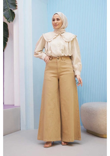 1162-PARÇA Boyalı Denim Pantolon Bej