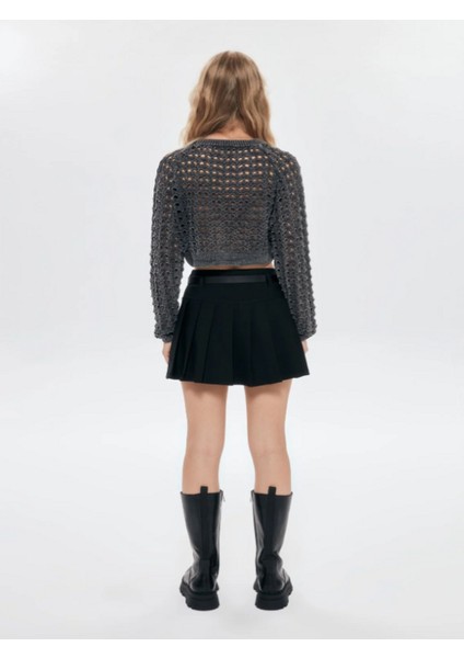 Kemer Detaylı Pileli Mini Şort Etek Siyah modelleri