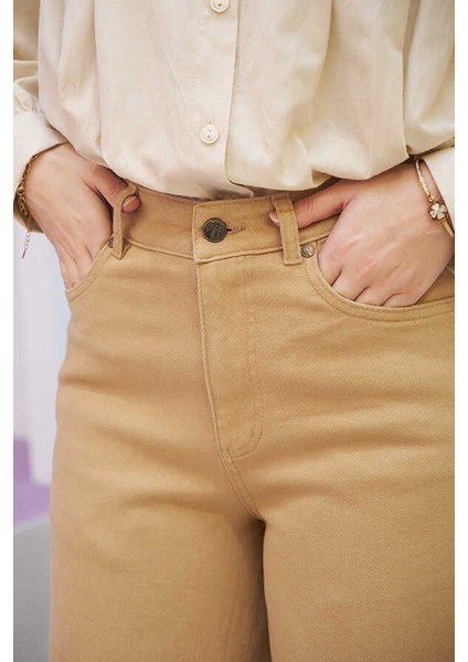 1162-PARÇA Boyalı Denim Pantolon Bej fırsatları