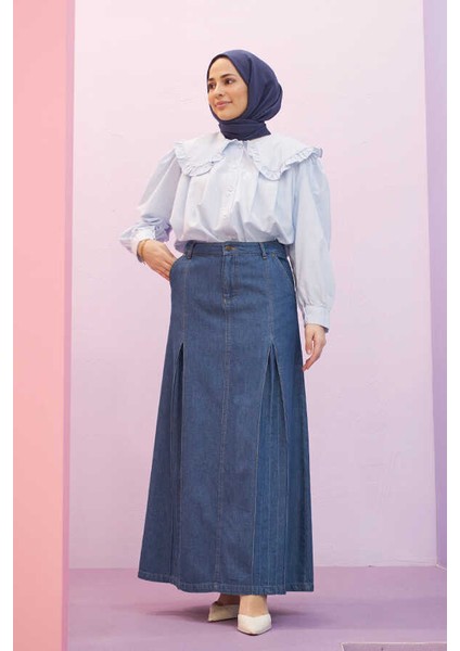 2286-PILELI Denim Etek Koyu Mavi