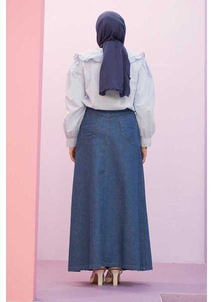 2286-PILELI Denim Etek Koyu Mavi indirimleri