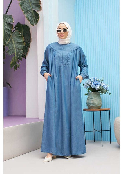 6634-TENSEL Denim Elbise Koyu Mavi