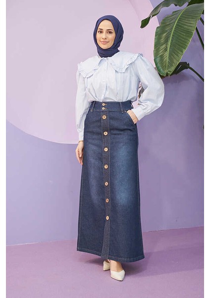 2287-DENIM Dikişli Etek Koyu Mavi