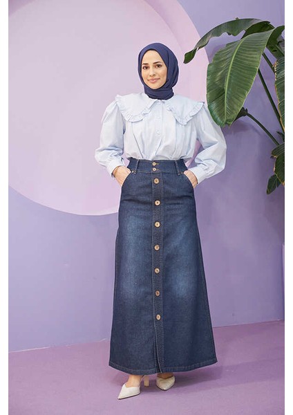 2287-DENIM Dikişli Etek Koyu Mavi fırsatları