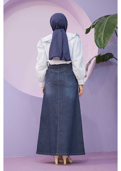 2287-DENIM Dikişli Etek Koyu Mavi indirimleri