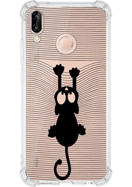 Huawei P20 Lite Köşe Korumalı Antişok Kapak Çizgi Kedi (Siyah) Tasarımlı Şeffaf Kılıf