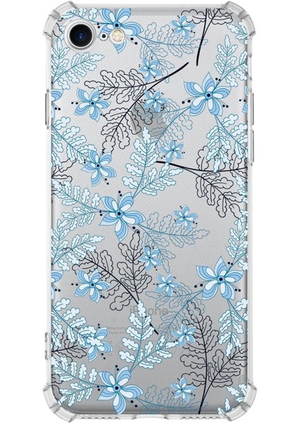 Iphone Se 2022 Uyumlu Köşe Korumalı Antişok Kapak Floral Mavi Tasarımlı Şeffaf Kılıf