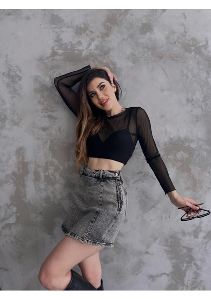 Yırtmaç Detaylı Denim Kot Şort Etek modelleri