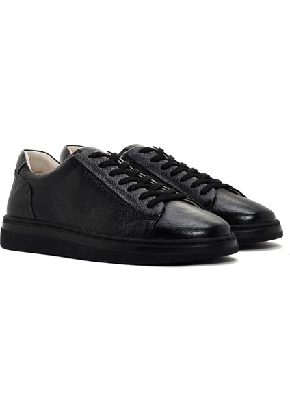 Erkek Siyah Bağcıklı Deri Sneaker