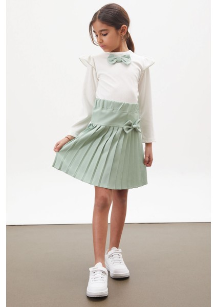 Yeşil Piliseli Etekli Uzun Kol Badili Kız Çocuk Elbise Takımı 17743